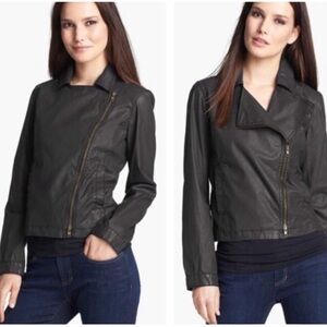 EILEEN FISHER Black Waxed Organic Cotton Blend Front Zipper Moto Jacket Size PP